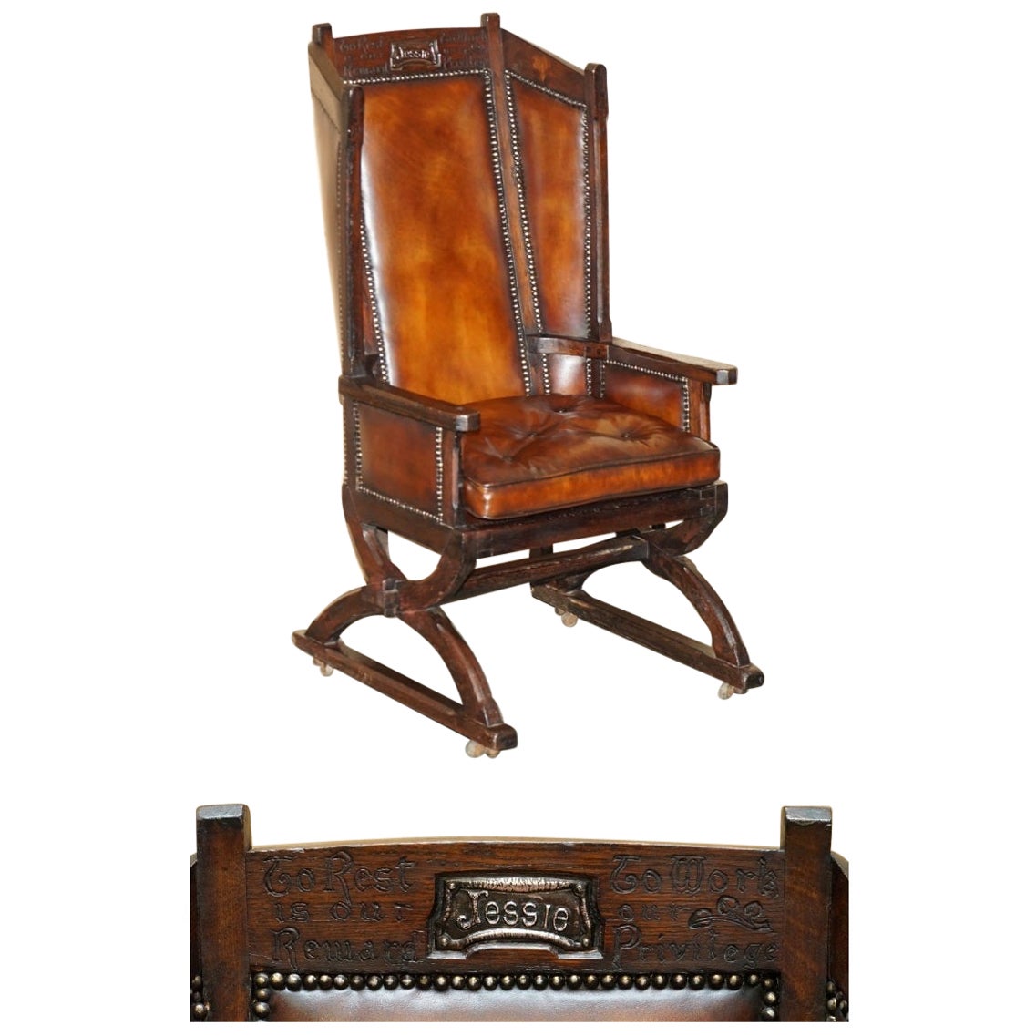 MUSEUM QUALITY CARVED CiRCA 1700 ANTIQUE RESTORED BROWN LEATHER JESSIE ARMCHAIR For Sale