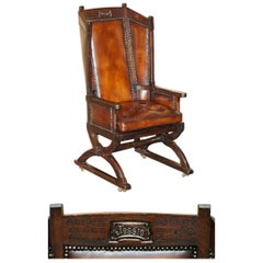 MUSEUM QUALITY CARVED CiRCA 1700 ANTIQUE RESTORED BROWN LEATHER JESSIE ARMCHAIR
