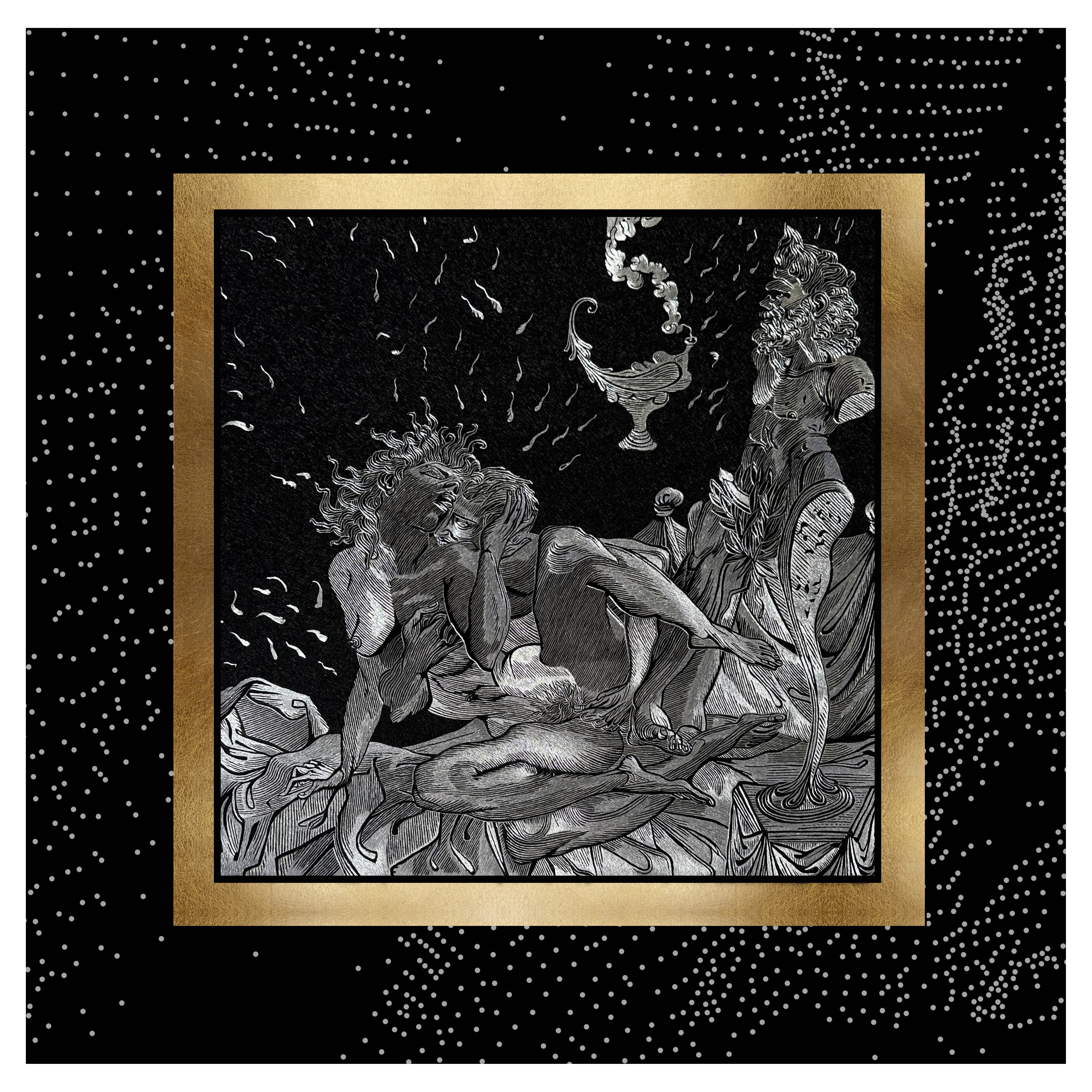 Silk and Metallic Threads Embroidered Tapestry in Black Wood Frame with Pearls