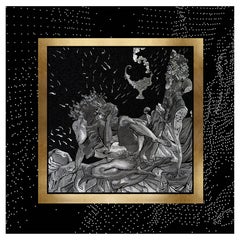 Silk and Metallic Threads Embroidered Tapestry in Black Wood Frame with Pearls