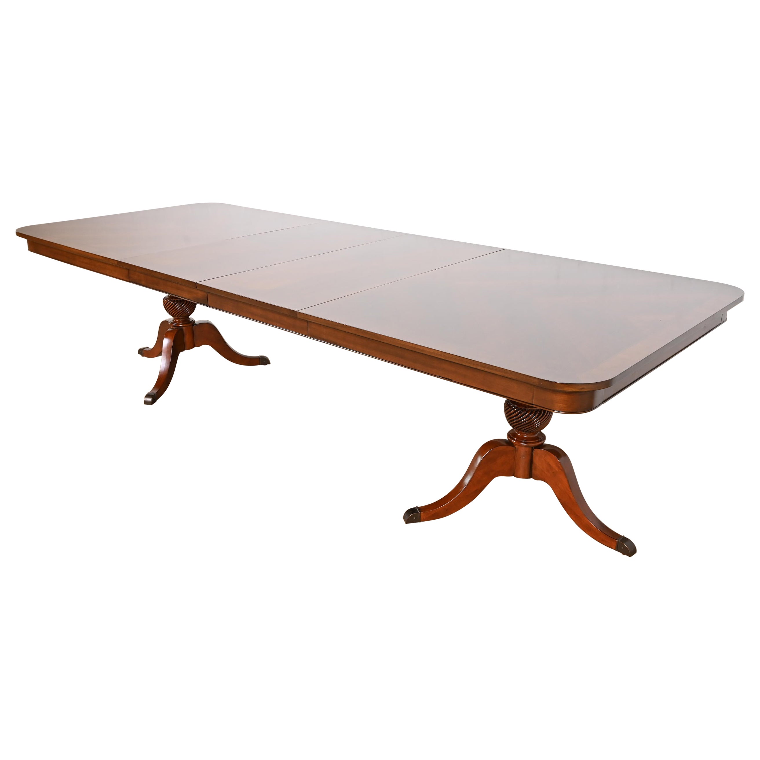 Baker Furniture Style Georgian Inlaid Cherry Wood Double Pedestal Dining Table
