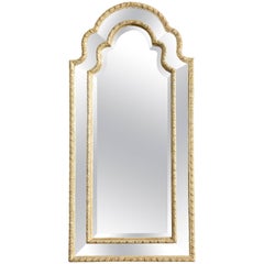 Antique Queen Anne Arched Giltwood Border Glass Mirror