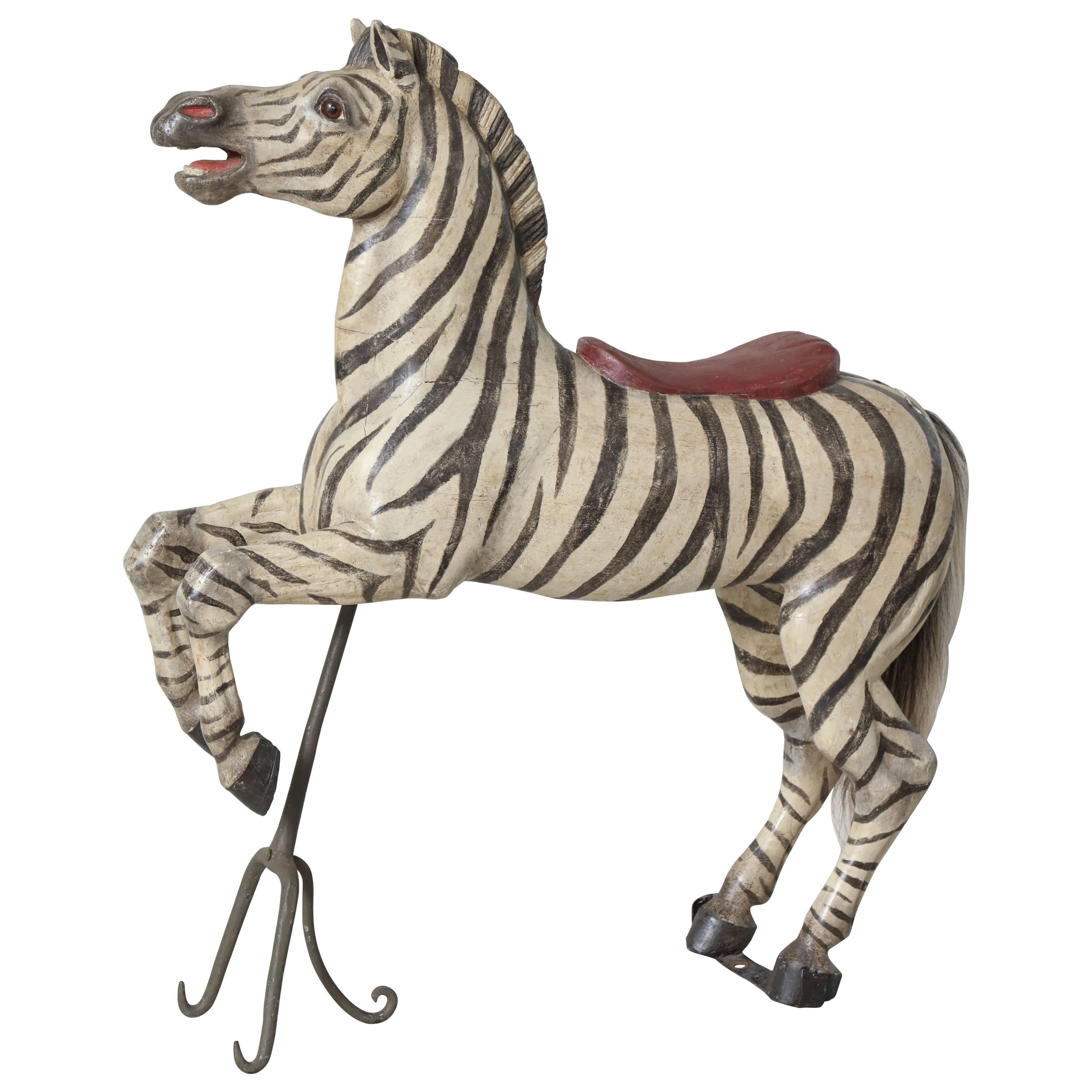 A late 19th century-early 20th century carousel zebra by eminent creater Karl Muller in carved, painted wood. Ex-coll. Muller/Thummel studio in Molbitz, Germany, thence Fabienne and Francois Marchal collection, Gerardmer, France, inventory no. 54.