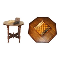 VICTORiAN 1880 ENGLISH AESTHETIC MOVEMENT CHESS BOARD TABLE + STAUNTON CHESS SET