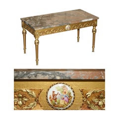 FRENCH MARBLE TOPPED GOLD GiLTWOOD COFFEE TABLE WITH SIGNED PAINTED PARIS PLAQUE
