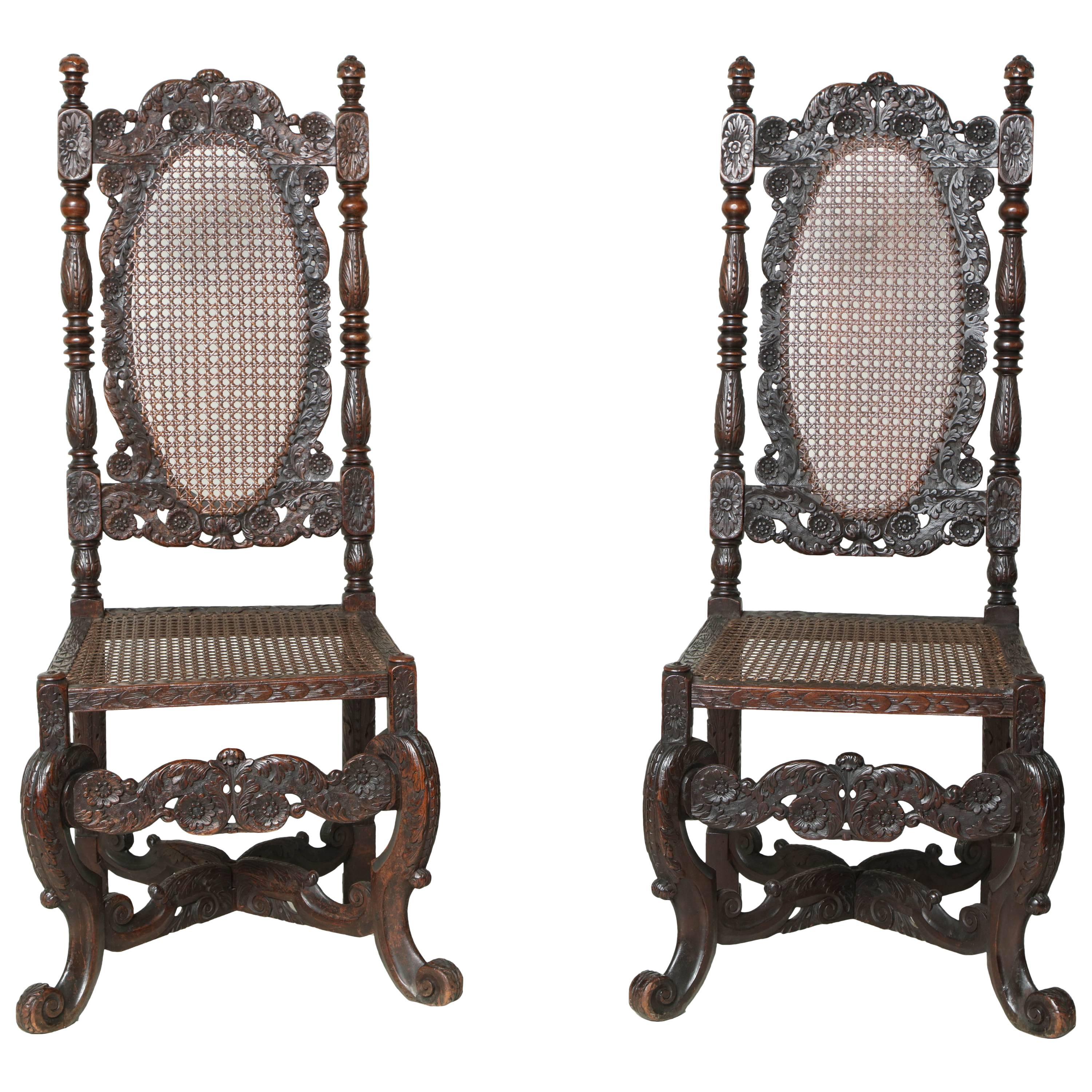 Rare Pair of James II Walnut Hall Chairs For Sale