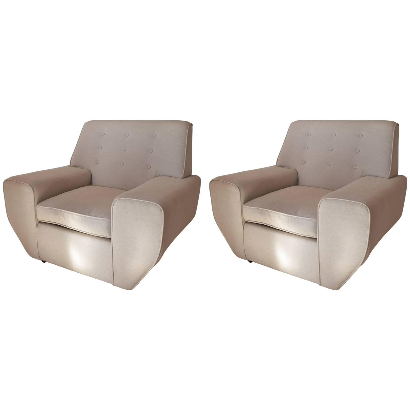 Pair of Geometric Cream Linen Upholstered Mid Century Lounge Chairs. 