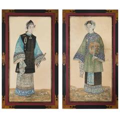 Antique Highly Decorative Pair of 19th Century Life Size Qing Dynasty Chinese Portraits