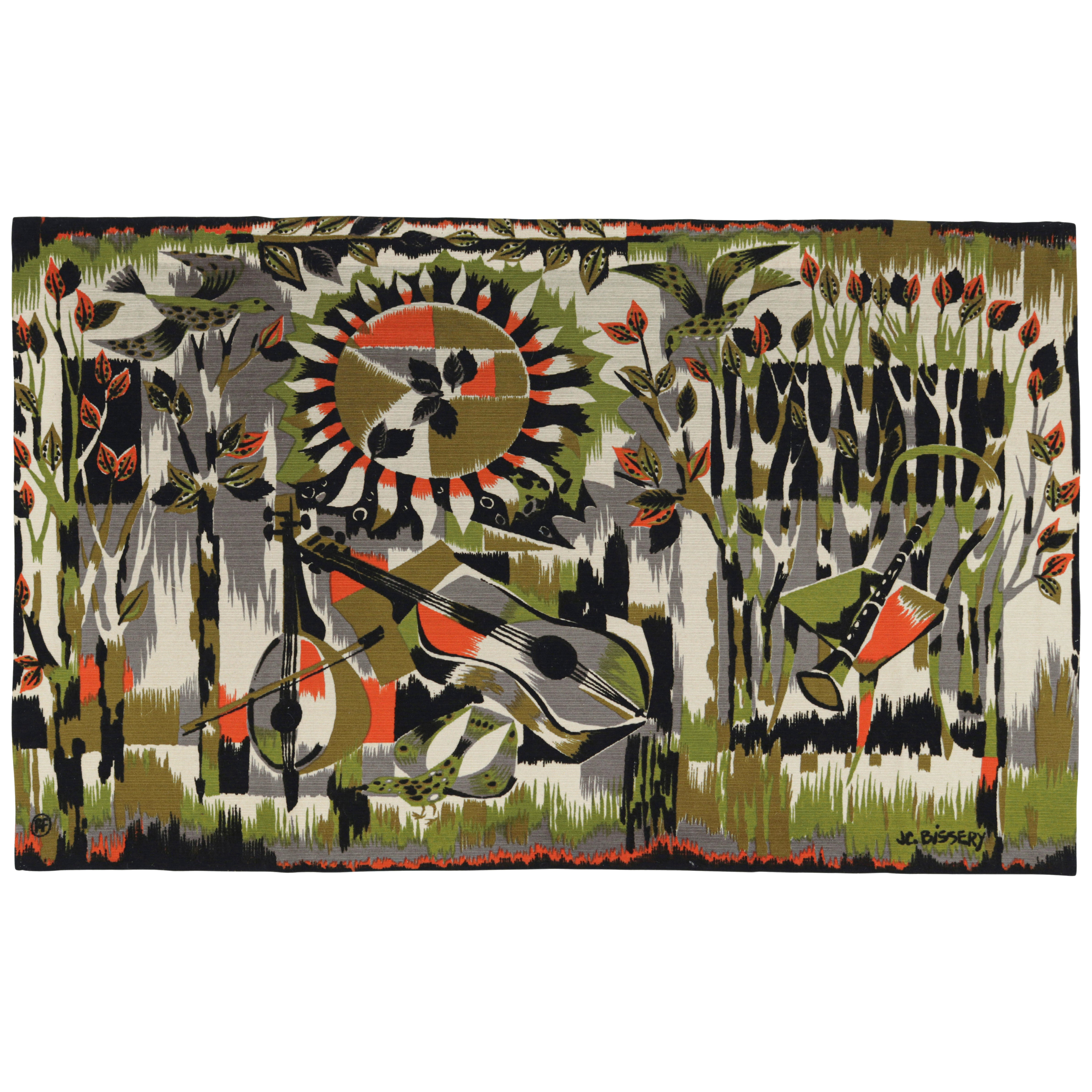 Vintage Jean Claude Bissery Pictorial Tapestry “Musique champêtre”  Rug & Kilim For Sale