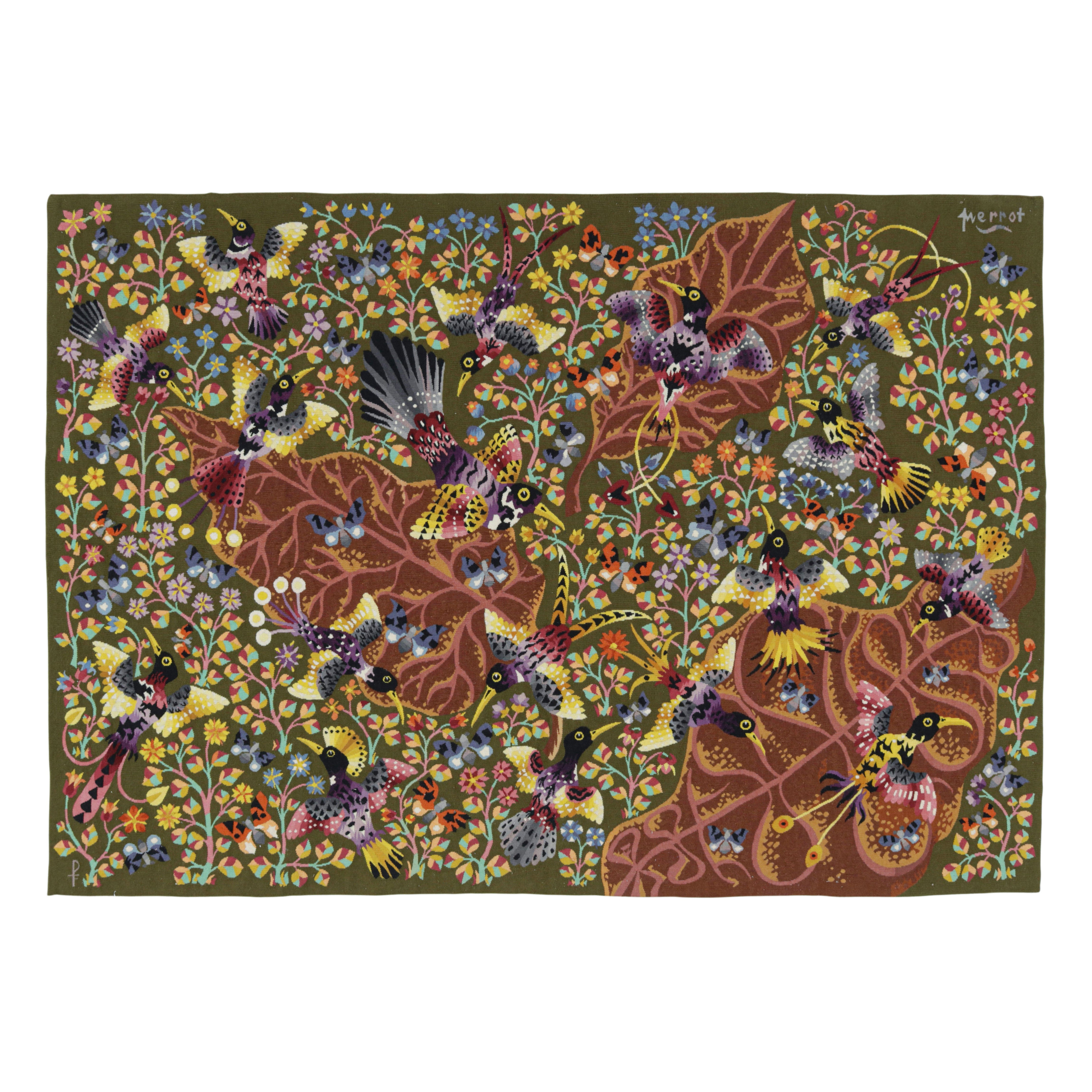 Vintage Rene Perrot Pictorial and Floral Tapestry  Rug & Kilim