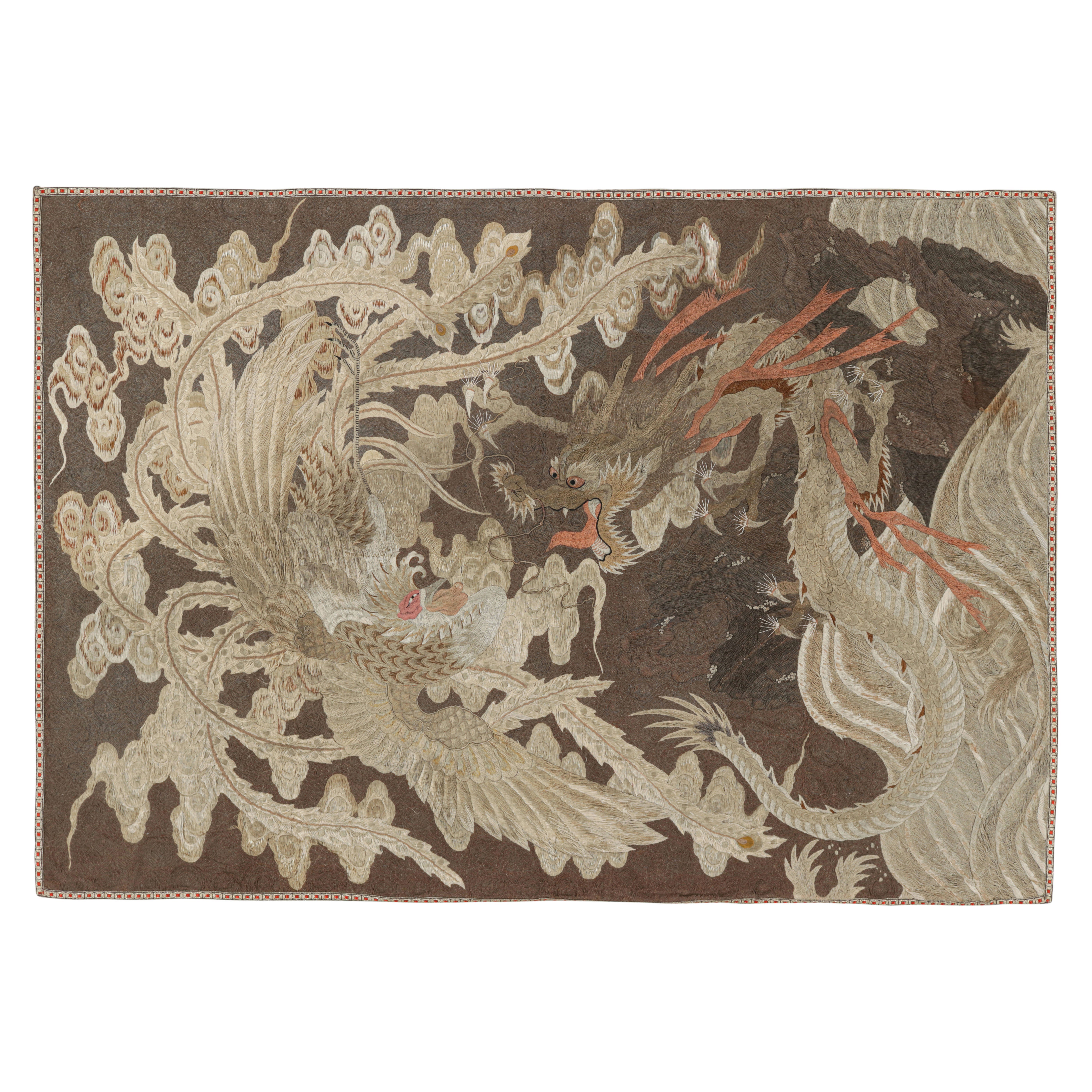 Antique Chinese Dragon & Phoenix Tapestry in Brown  Rug & Kilim For Sale