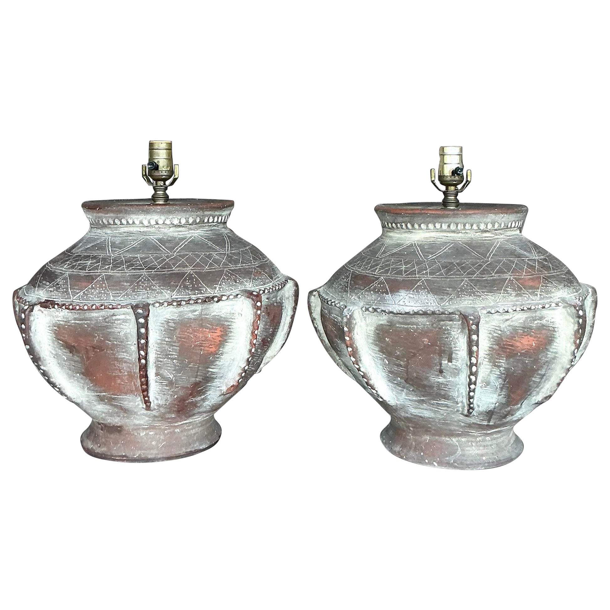 Vintage Boho Scored Terracotta Lamps - a Pair