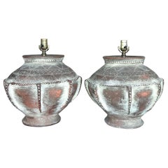 Vintage Boho Scored Terracotta Lamps - a Pair