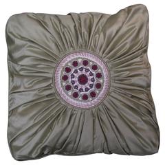  Throw Pillow inPleated Sage (green)  with Embroidered Center Mediallion