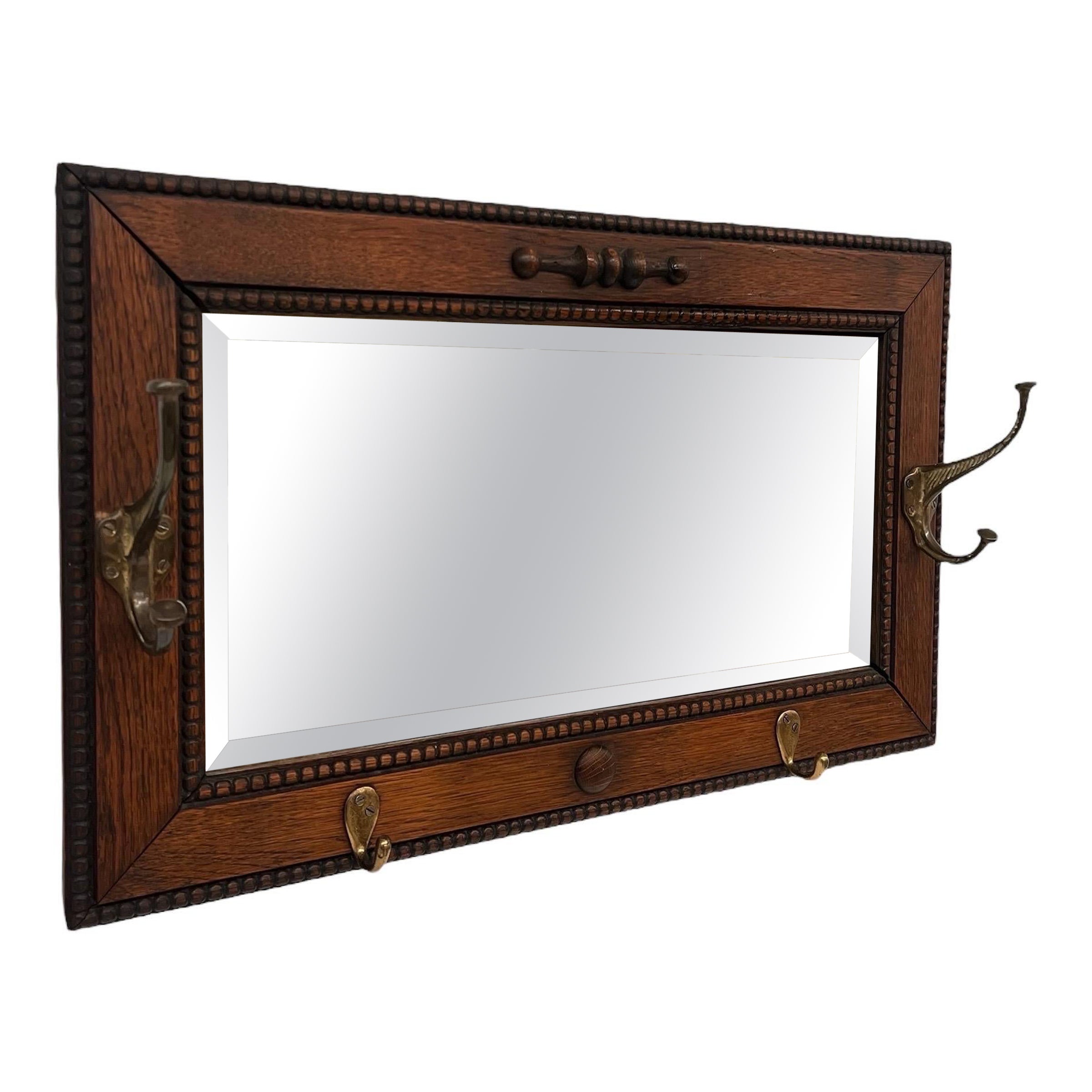 Antique miroir d'entrée Mission Arts & Crafts en bois de chêne figuré, scié sur quartier
