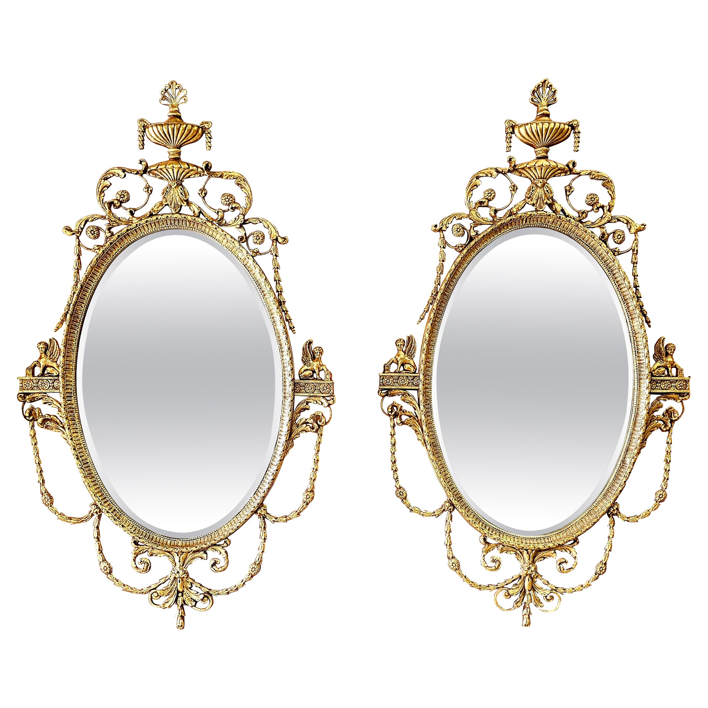 Pair Large Oval Robert Adam Style Gilt Wood Foliate Wall Mirrors