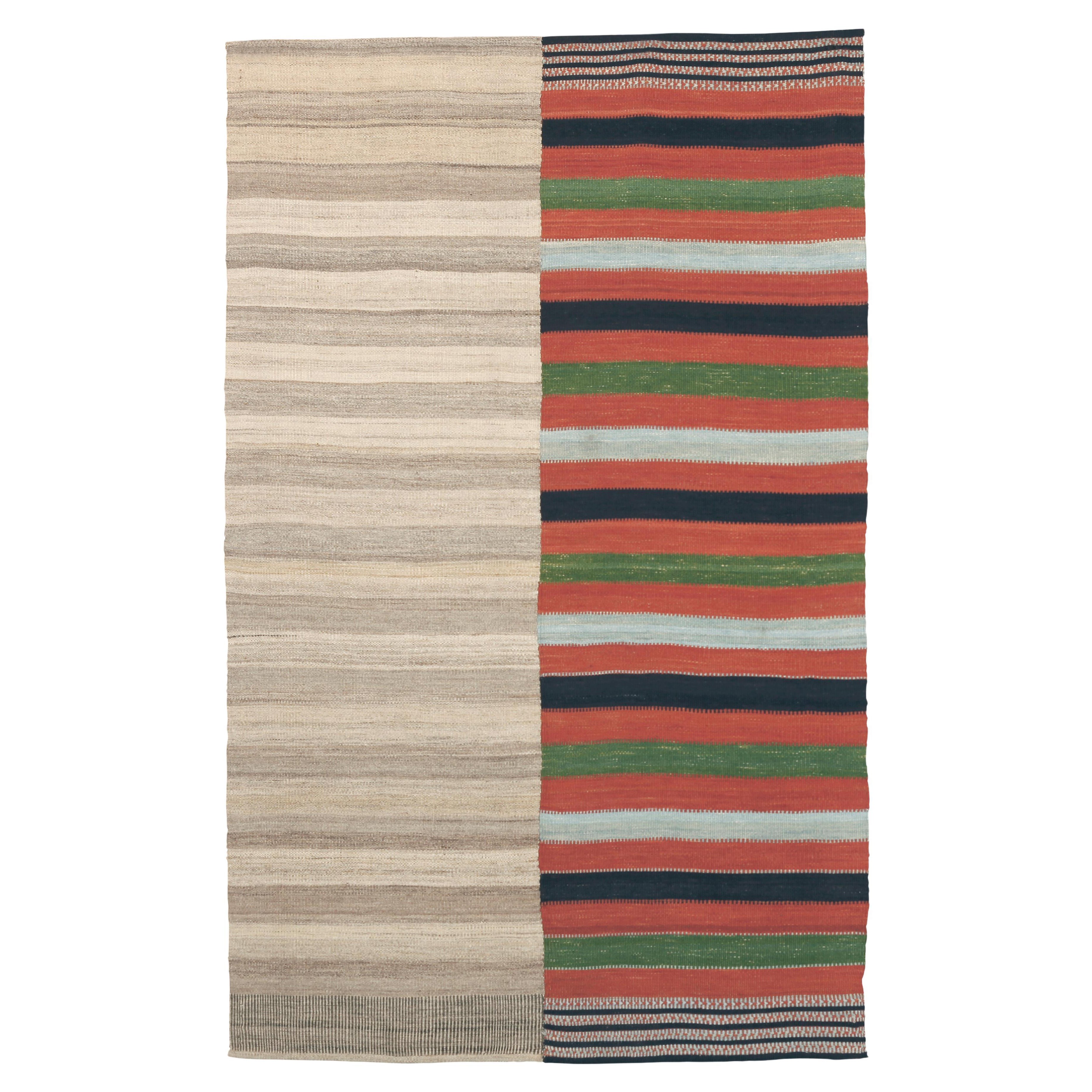Rug & Kilim marocain vintage - 1970, géométrique beige terre et rayures audacieuses