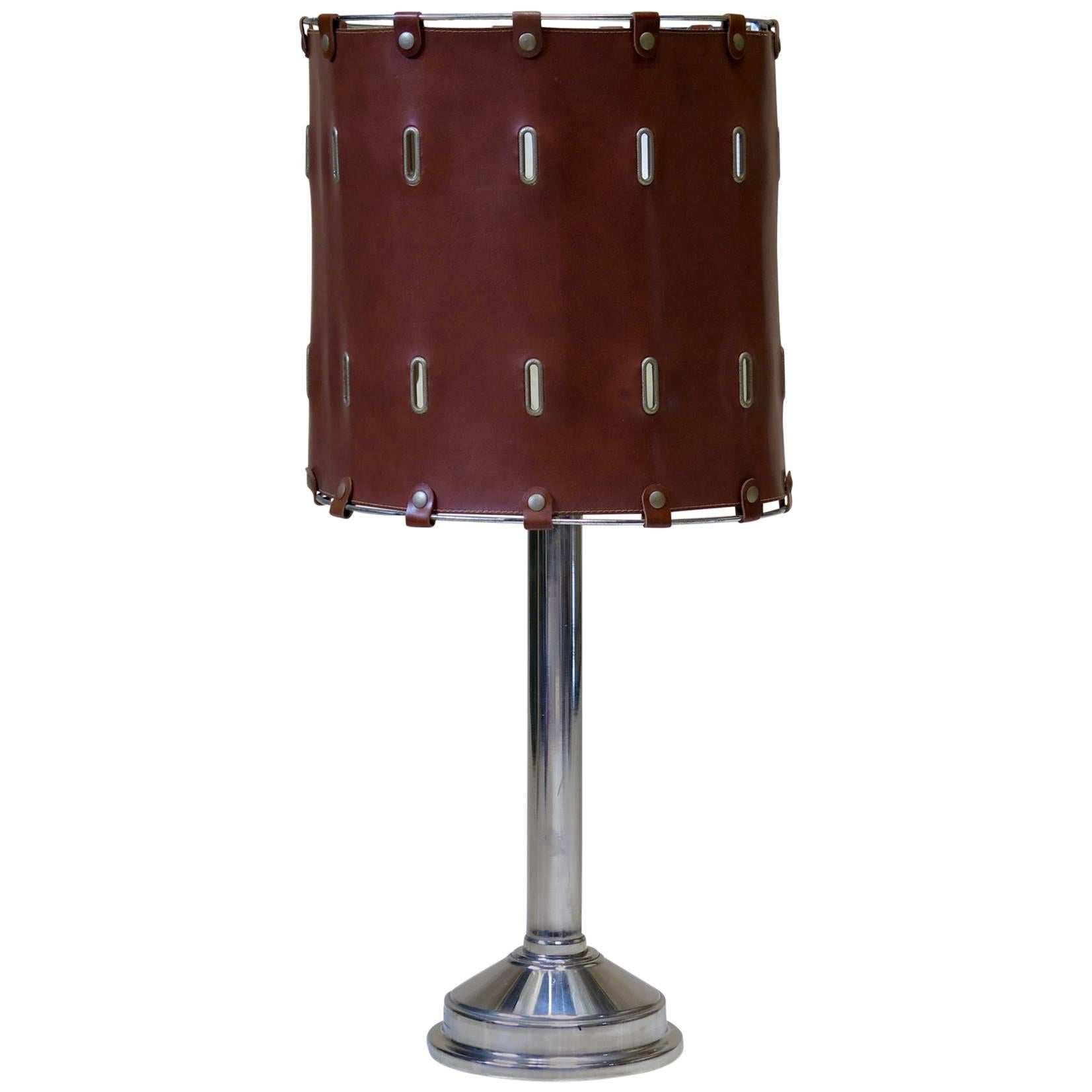 Mid-Century Chrome and Leatherette Table Lamp For Sale