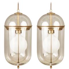 Elongated Glass and Bronze Pair Pendant Lights, Italy, Contemporary