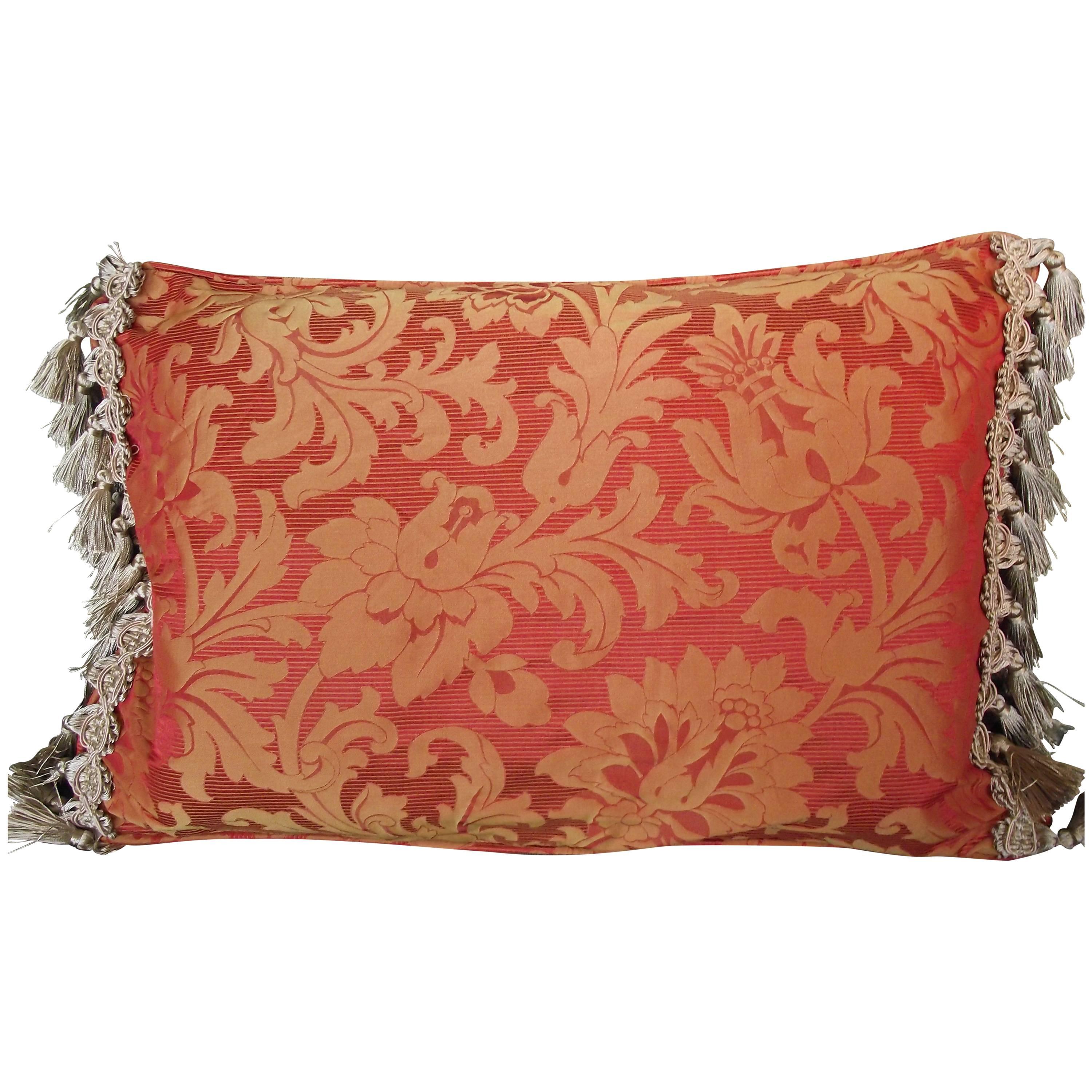  Bolster Pillow in Tangerine (orange) and Gold Brocade with double tassel trim