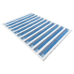Handmade Cotton Area Flat Weave Rug, 12x15 Blue And White Striped Indian Dhurrie