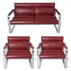 Used Eero Aarnio metal and leather three piece lounge suite, Finland circa 1970