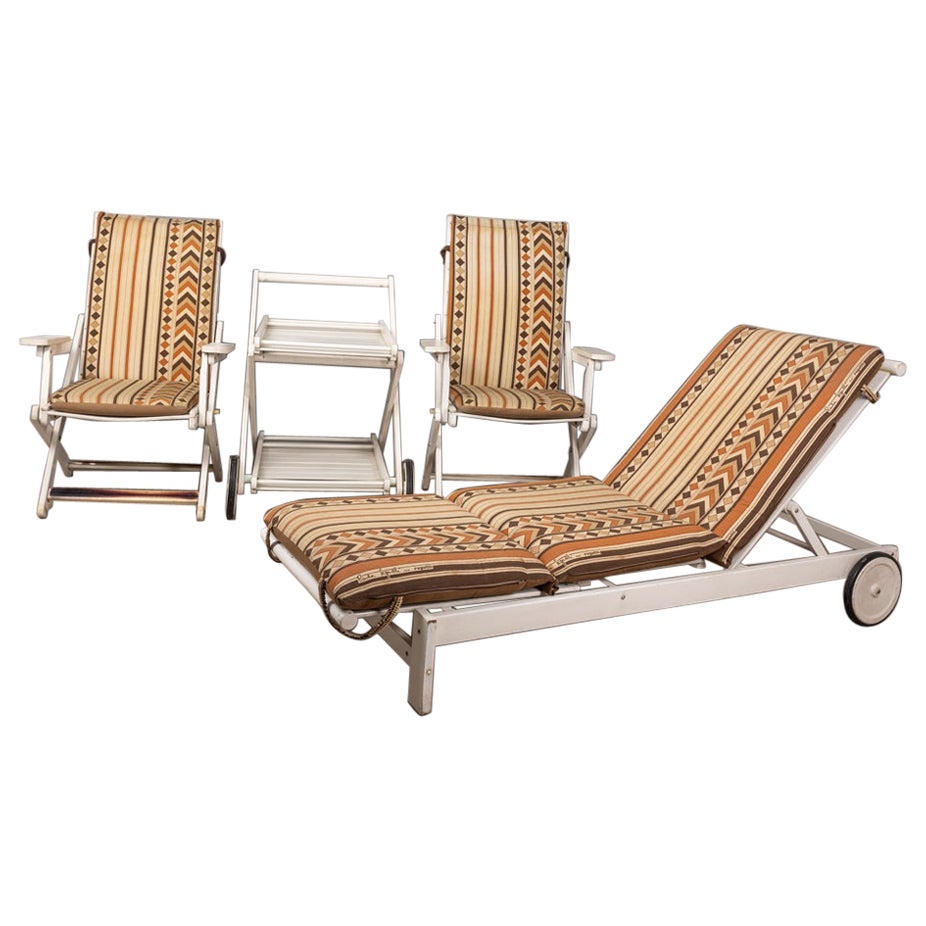 Vintage 1970s fabric deck chair and trolley set by Clara Agnelli for Reguitti For Sale