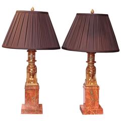 19th Century Pair of Empire Gilt Bronze and Marblized Lamps
