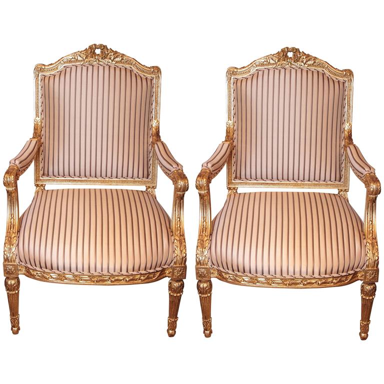 Pair of 19th Century Louis XVI Gilt and Hand-Carved Chairs at 1stDibs