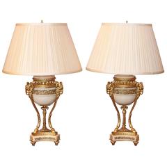 Pair of 19th Century French Louis XVI Marble and Bronze Lamps