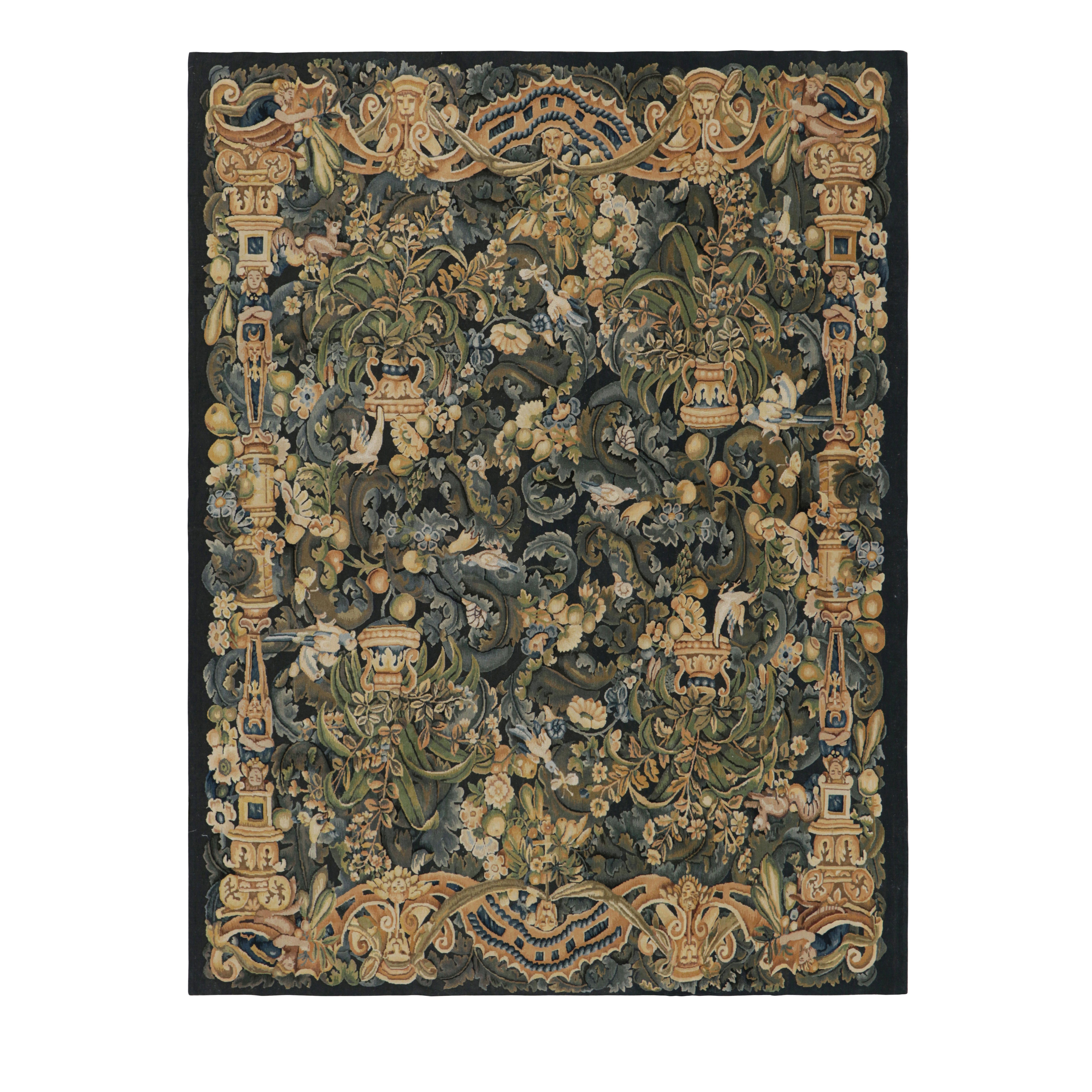Rug & Kilim’s Armorial Tudor Style Rug in Black, with Beige, Blue and Gold Tones For Sale