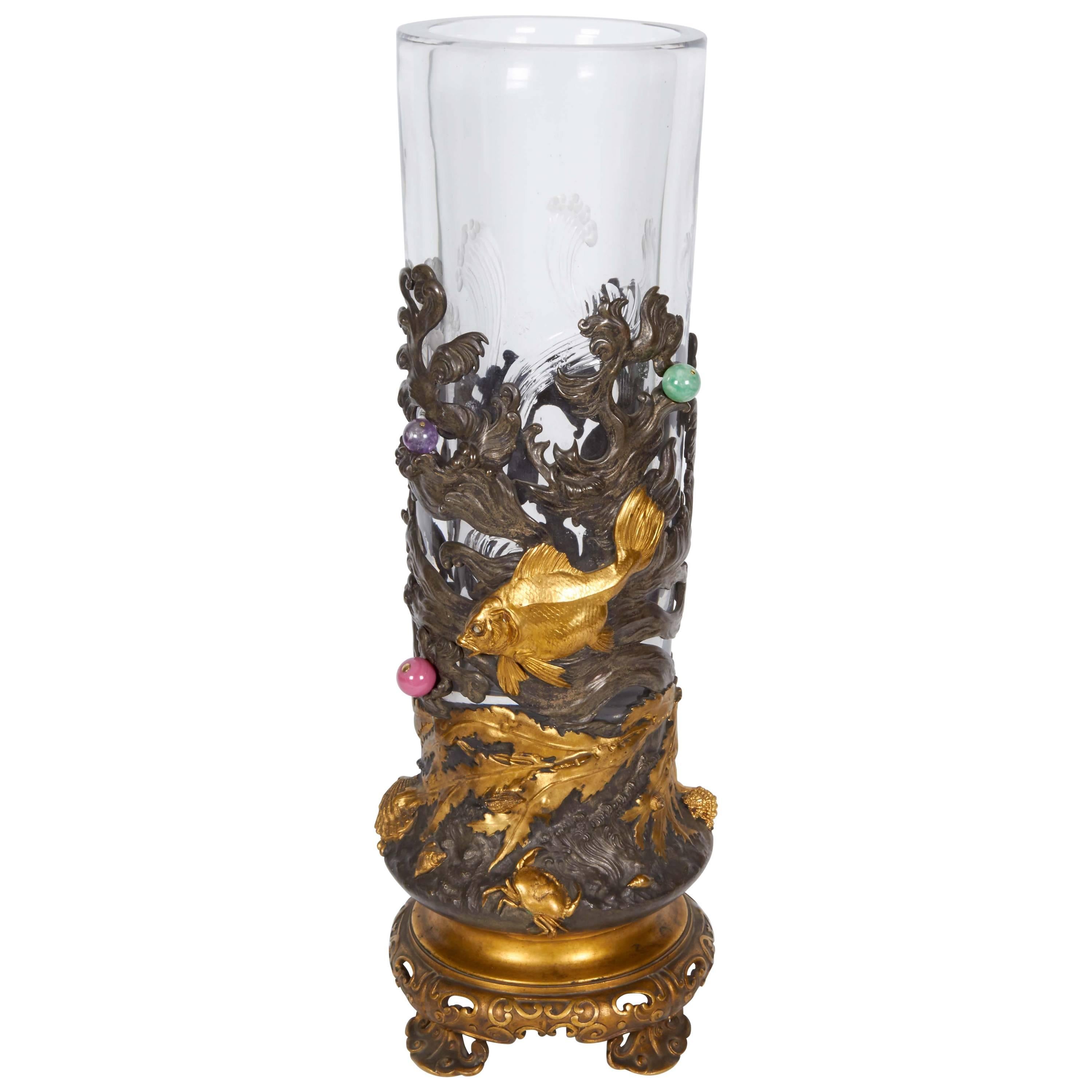 French Japonisme Ormolu and Silvered Bronze Cut Glass Vase L'Escalier De Cristal