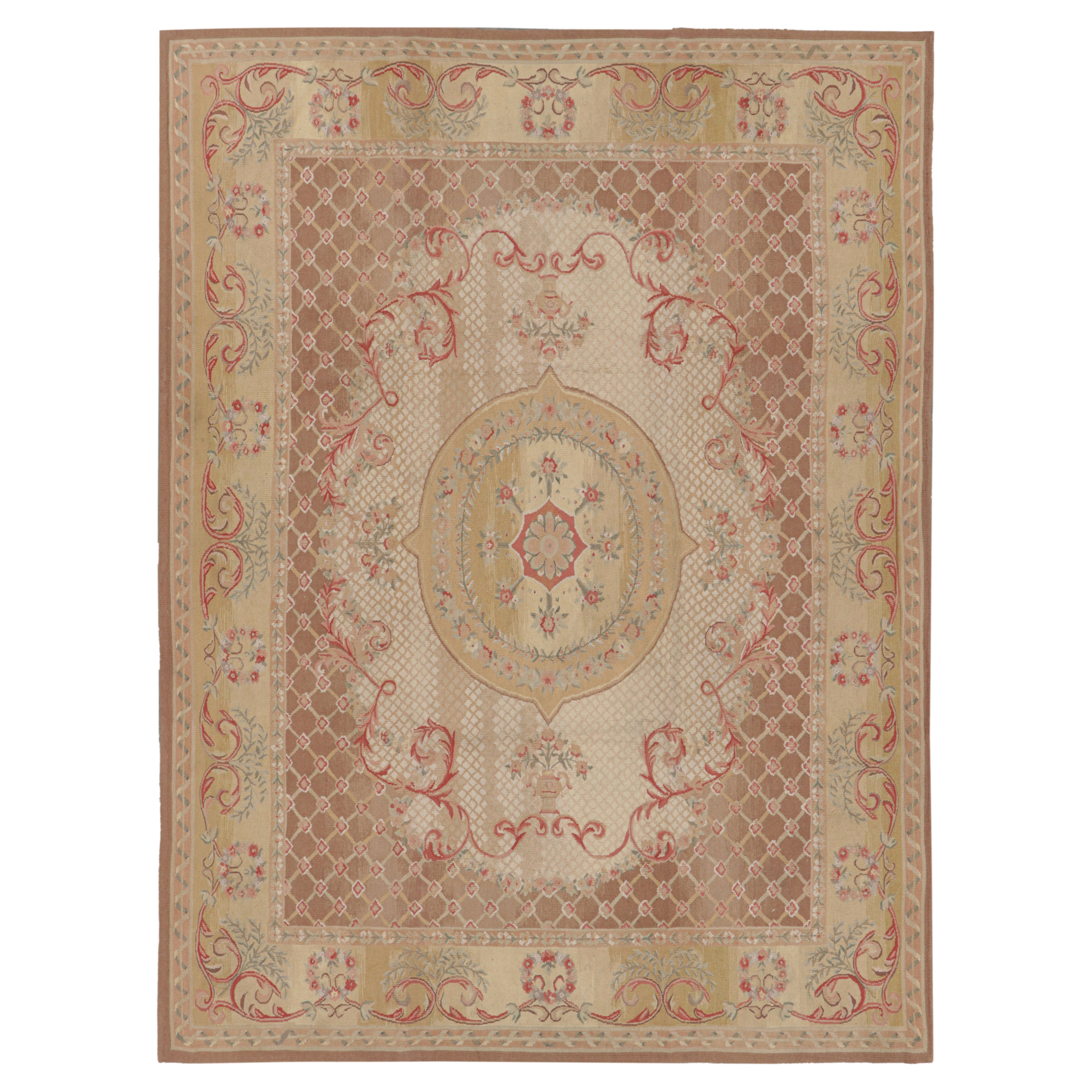 Rug & Kilim’s Aubusson Style Rug in Beige-Brown and Pink with Floral Medallion