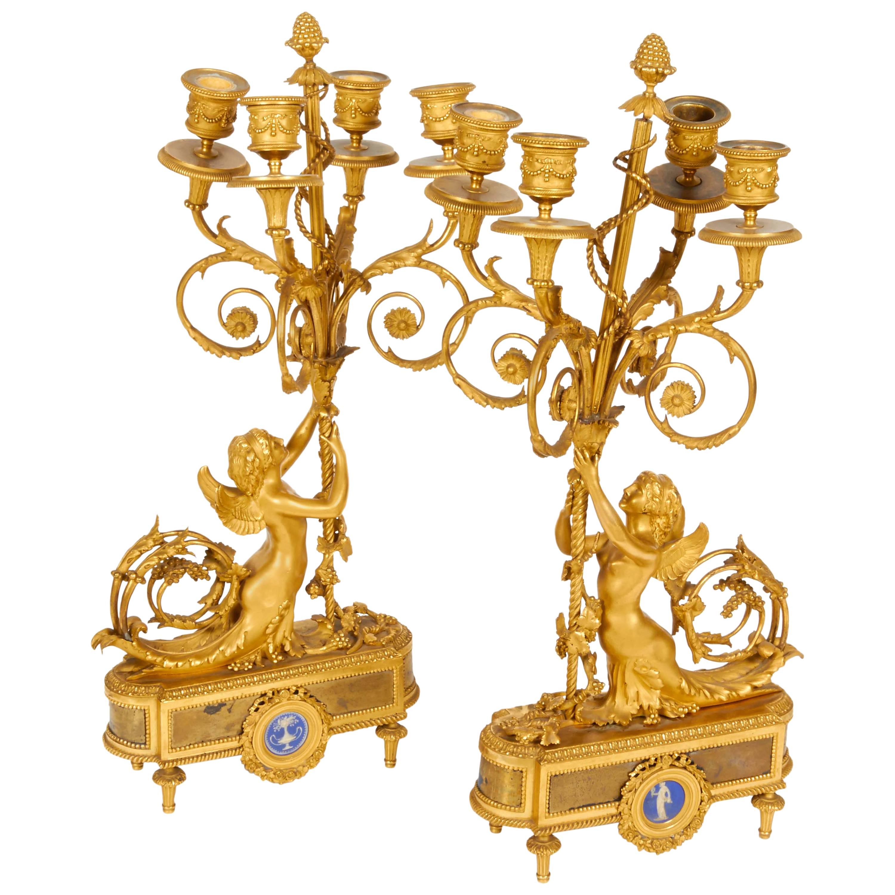 Louis XVI Style French Ormolu Bronze Four-Light Candelabra Pair Alfred Beurdeley