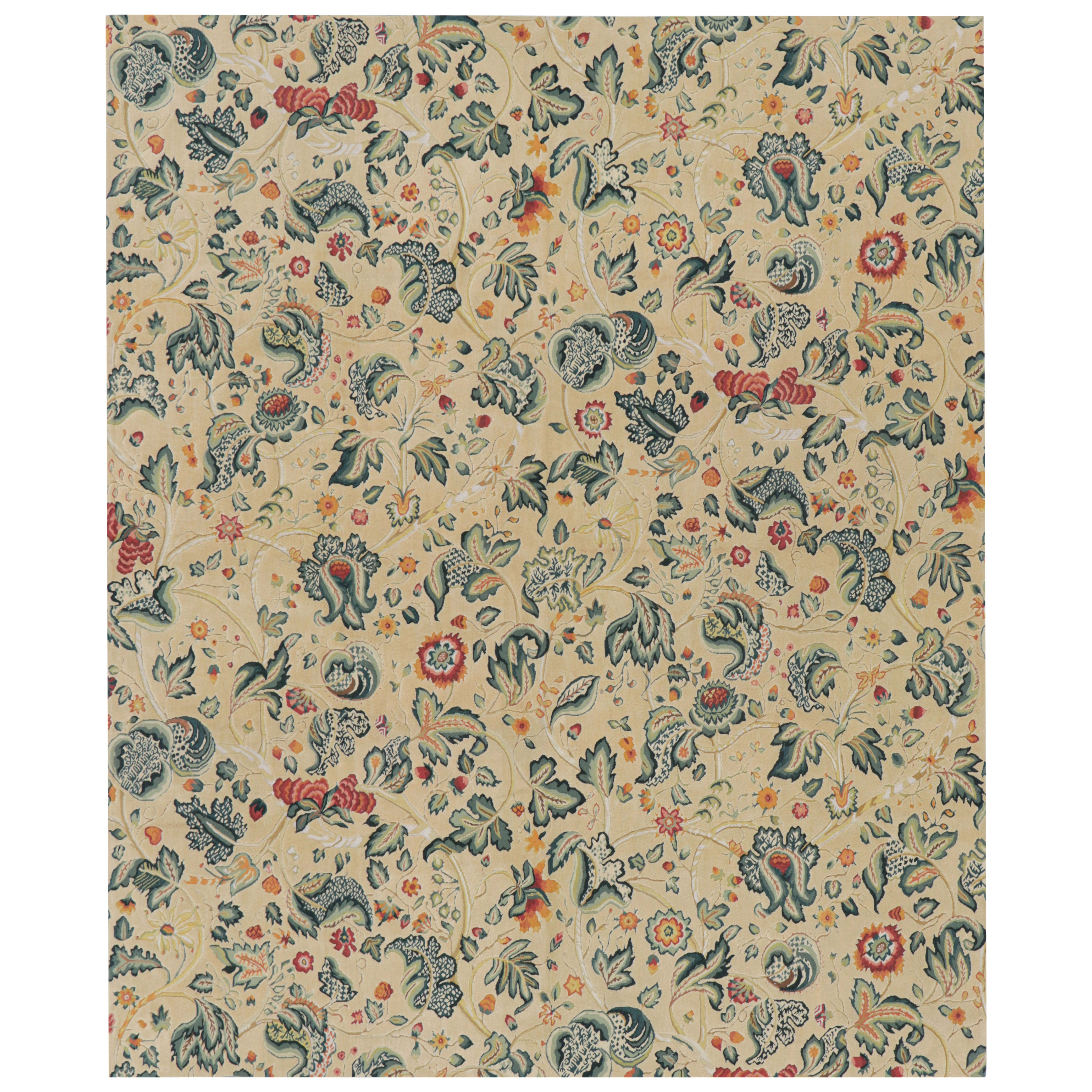 Rug & Kilim’s Tudor Style Rug in Cream with Teal Floral Patterns