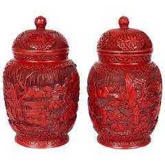 Pair of Chinese Cinnabar Lacquer Vases and Covers