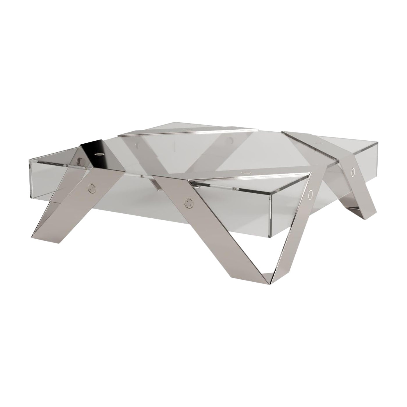 Moderner, minimalistischer, quadratischer Couchtisch aus Glas und poliertem Edelstahl
