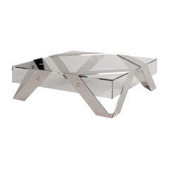 Moderner, minimalistischer, quadratischer Couchtisch aus Glas und poliertem Edelstahl