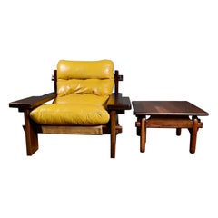 Vintage Jean Gillon For Probel Yellow Leather Lounge Chair & Coffee/Side Table Brazilian