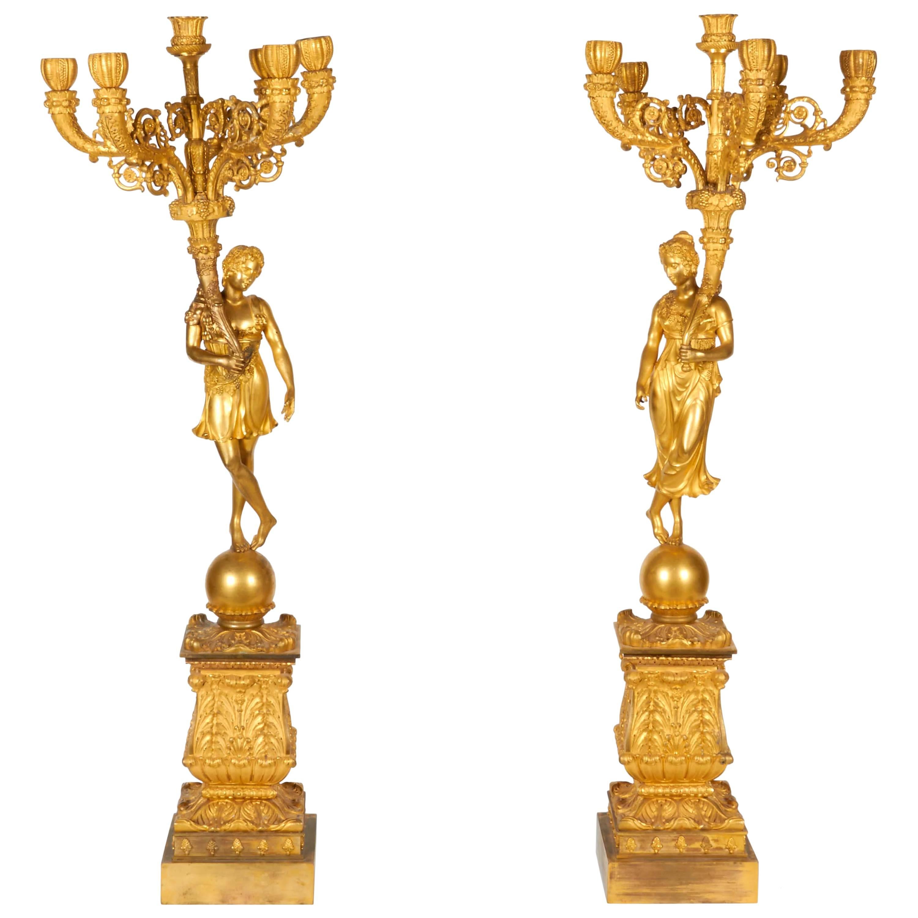 Monumental Pair of French Empire Ormolu Bronze Candelabra 19th Century