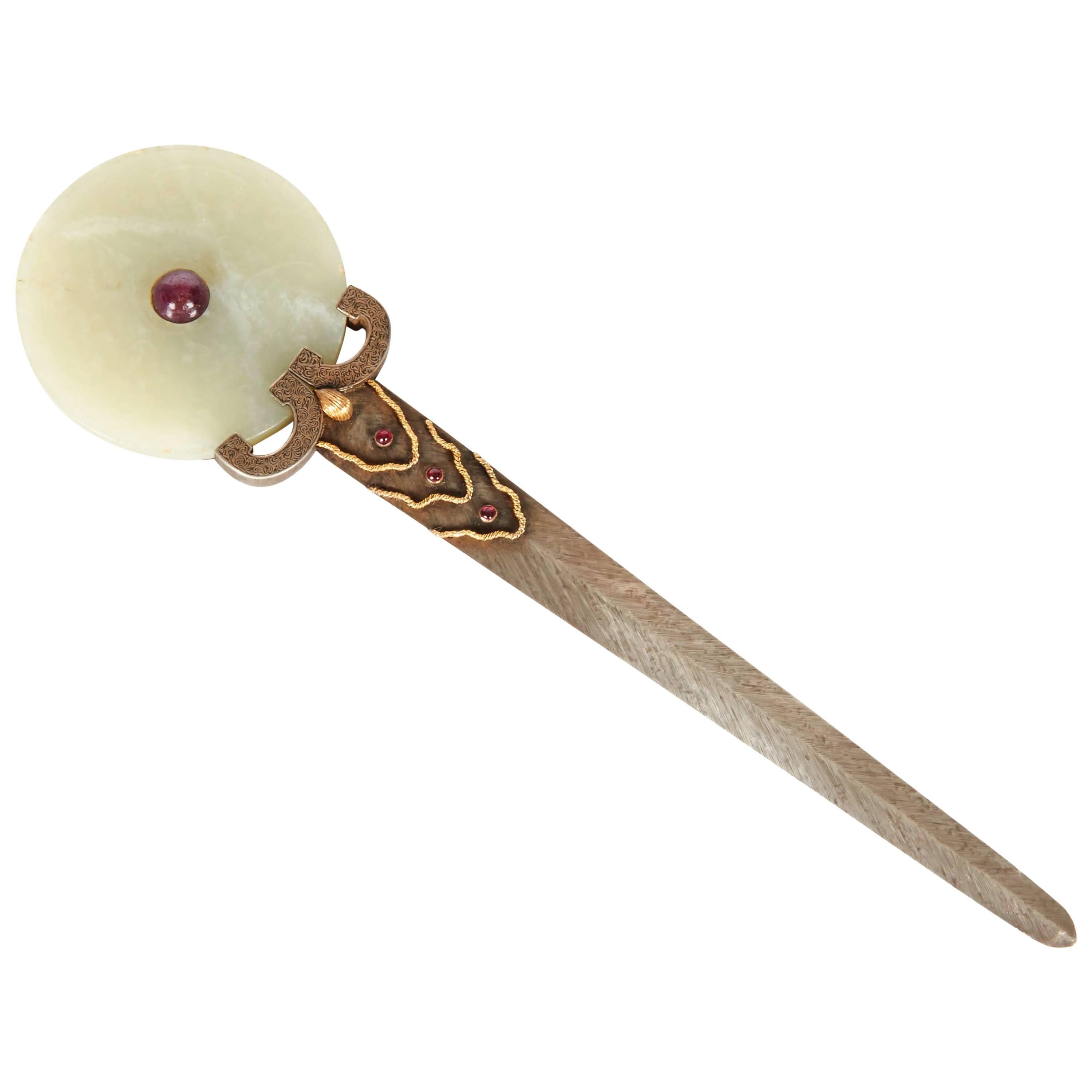 Italian Silver and Gold Letter Opener with Archaic Chinese Jade & Rubies