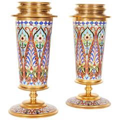 Large Pair of French Champlevé Cloisonné Enamel Vases, F. Barbedienne Attributed