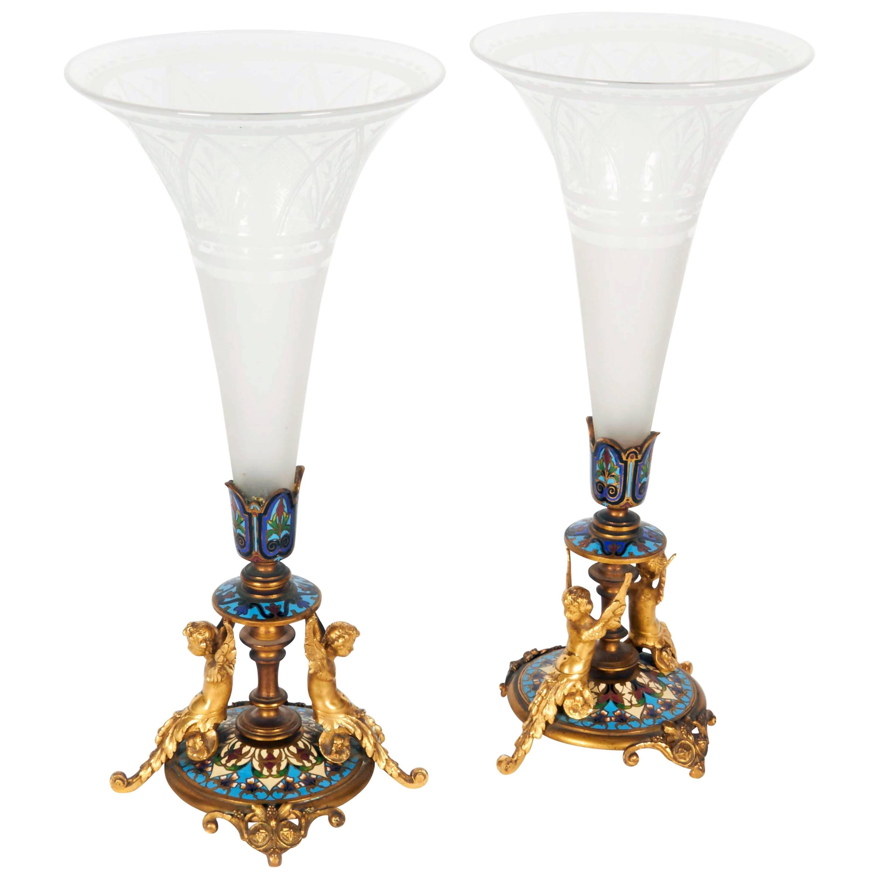 Pair of French Ormolu and Champleve Cloisonne Enamel Frosted Glass Trumpet Vases