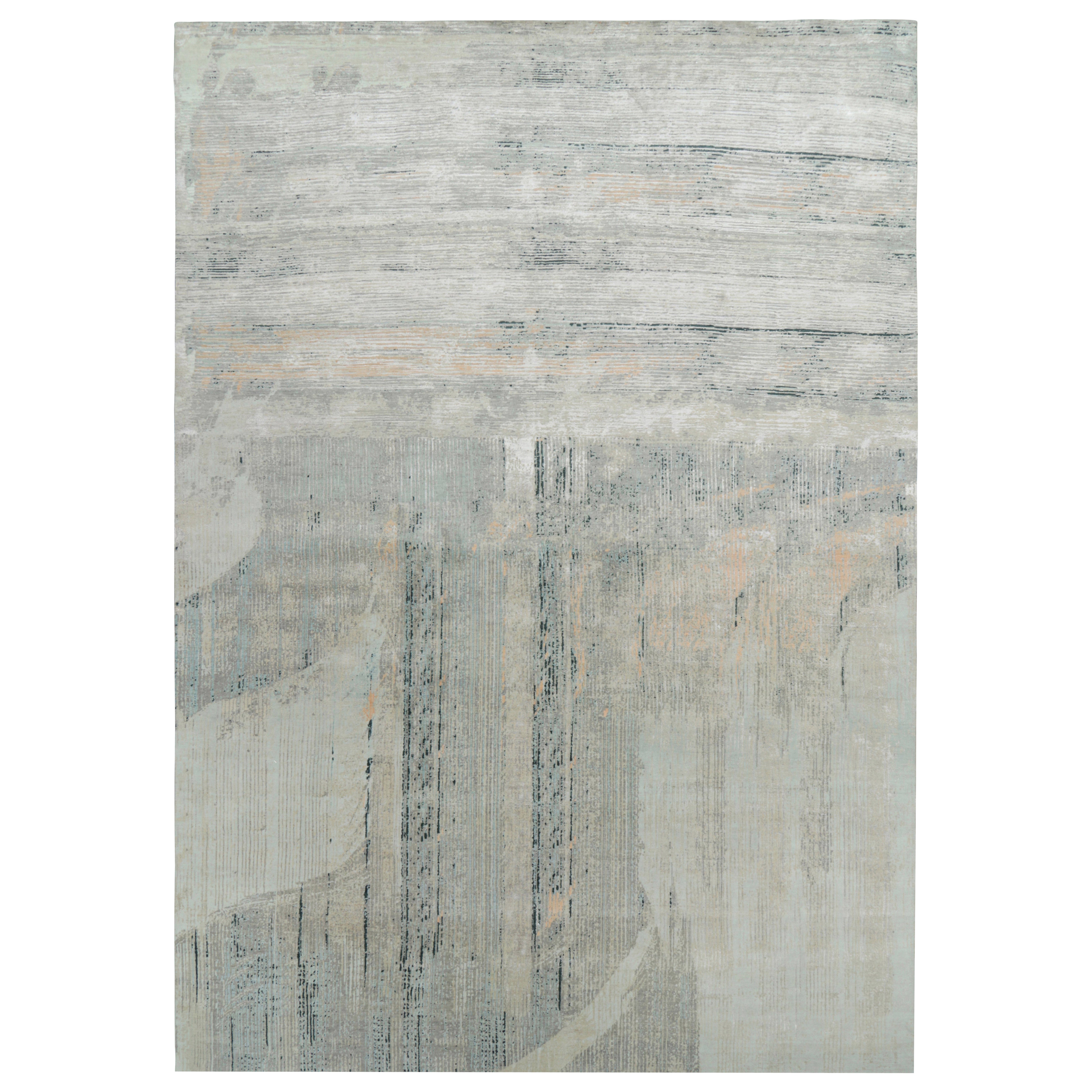 Tapis abstrait surdimensionné à motifs géométriques gris et bleus de Rug & Kilim