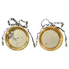 Antique Pair of Neoclassical Gilt Bronze & Silver Ribbon Mirrors