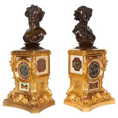 Antique Pair of French Ormolu Bronze and Italian Pietra Dura Mosaic Figural Bust Clocks