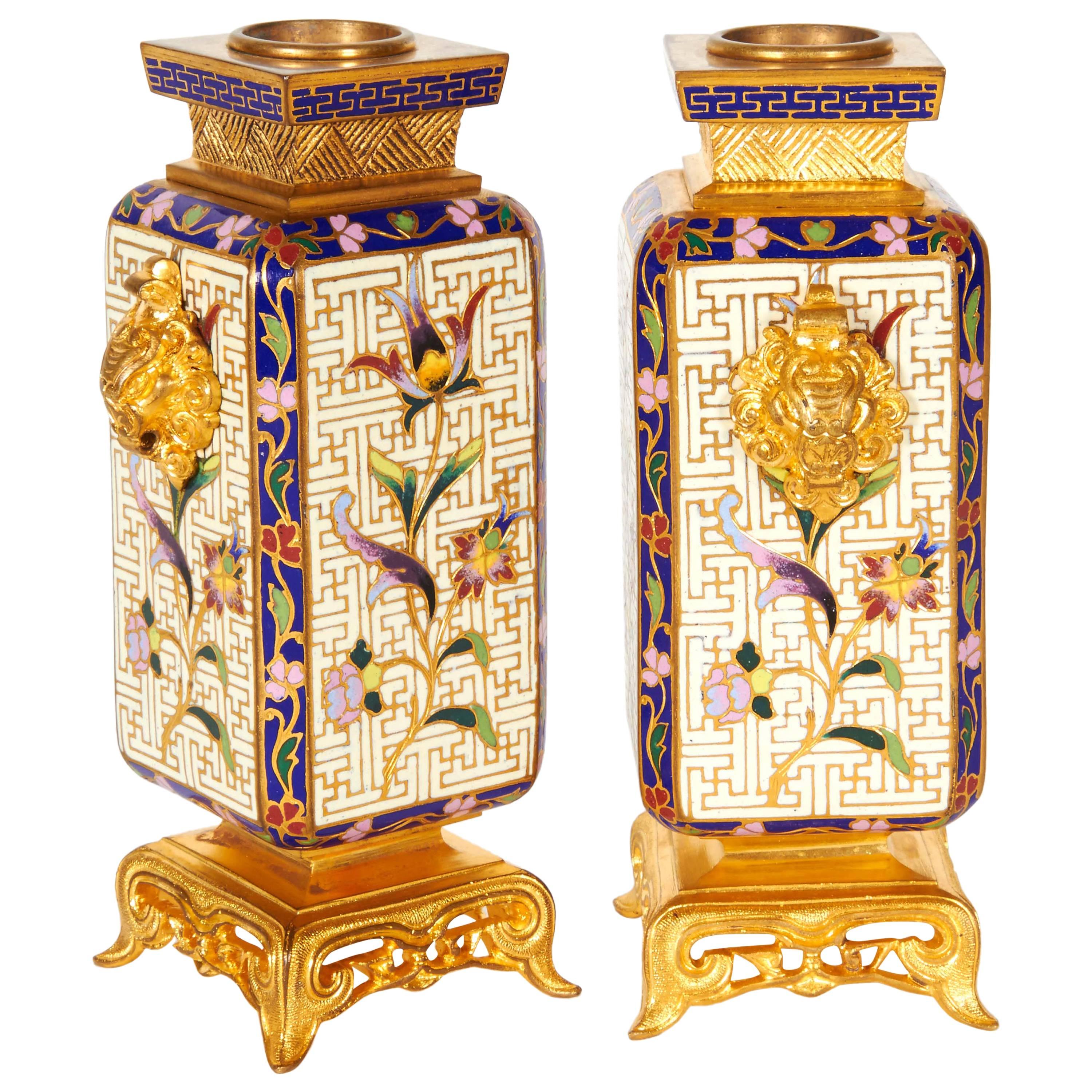 Pair of French Japonisme Ormolu and Champlevé Cloisonné Enamel Vases