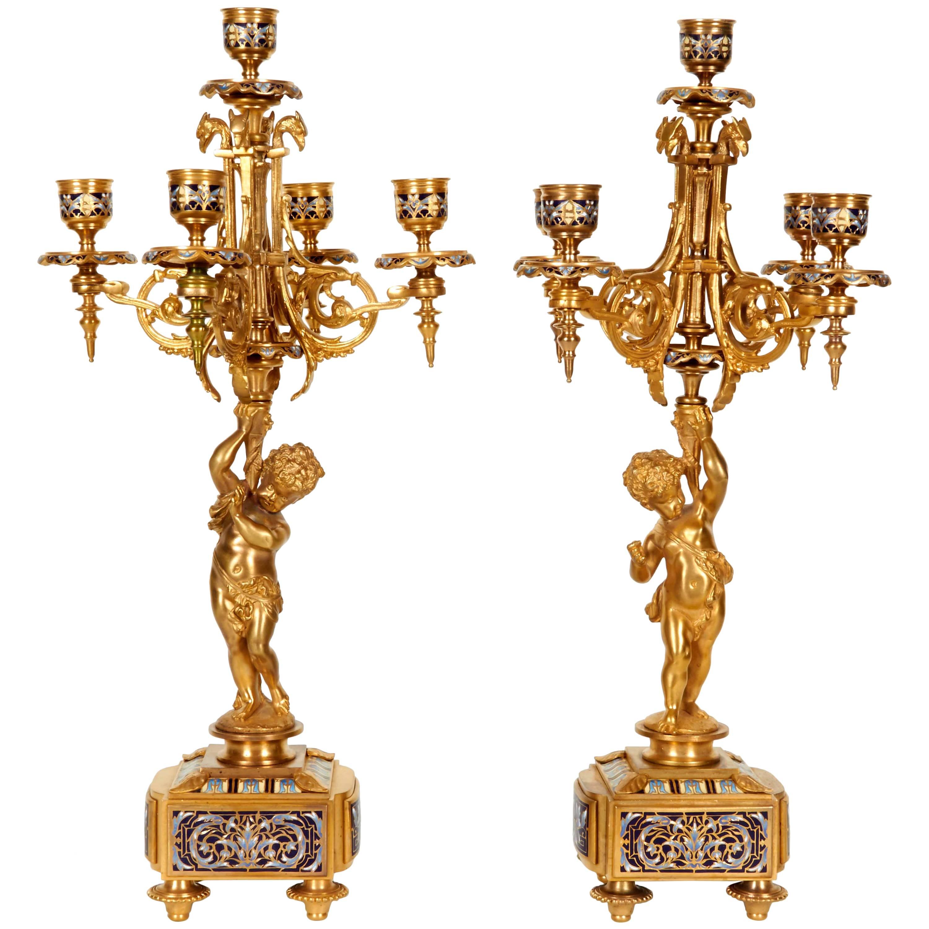 Pair of French Ormolu and Champleve Cloisonne Enamel Candelabra