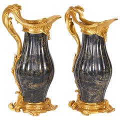 Antique Pair of French Ormolu-Mounted Russian Labradorite Marble Ewers by Paul Sormani