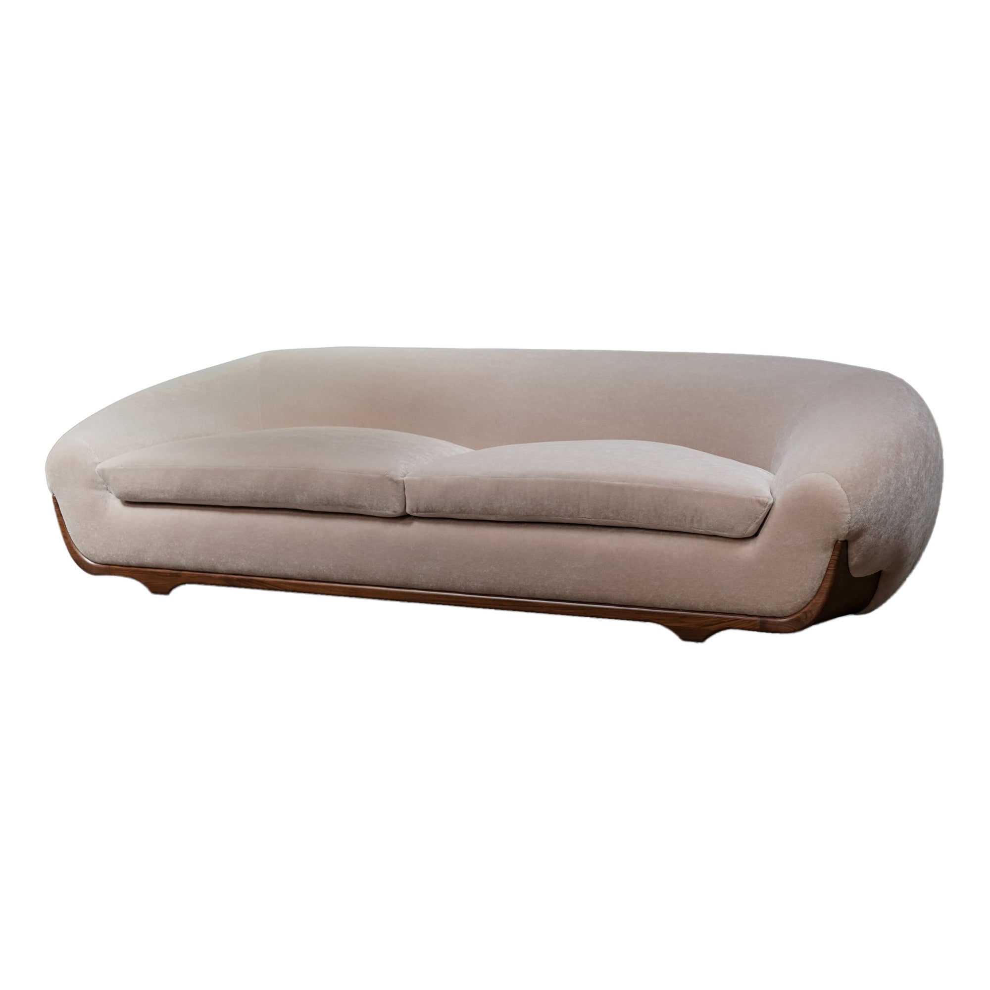 Divano curvo in mohair, base in noce